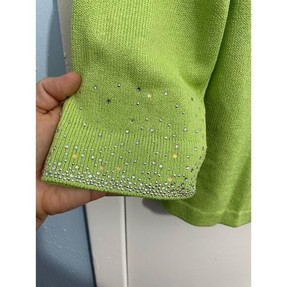 Toula Wool Blend Cardigan Sweater Size 12 Lime Green Rhinestone Ruffled Collar - Picture 5 of 9